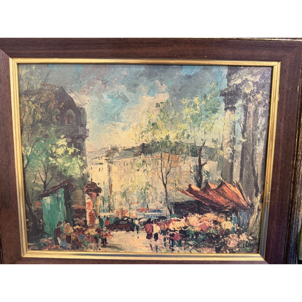 Vintage Signed Impressionist Oil Painting European Street Flower Market Framed